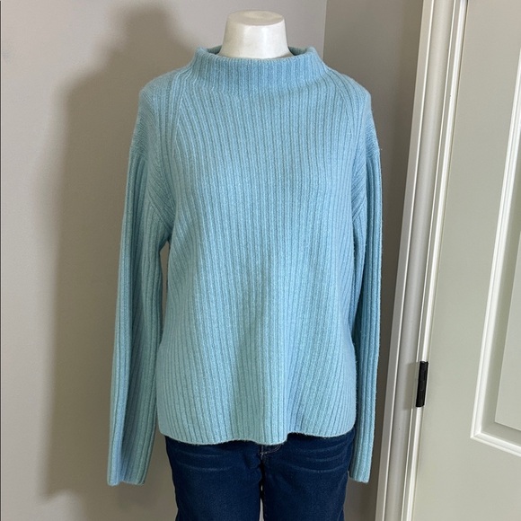 Vince Wool Cashmere Raglan Mock Neck Sweater Blue Mock Neck Ribbed Sz M - Picture 2 of 12